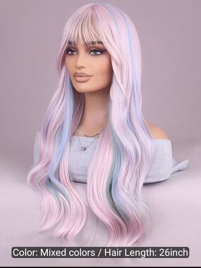 Pastel Pink Long Wavy Women's Wig with Blue Accents - Mixed Colors